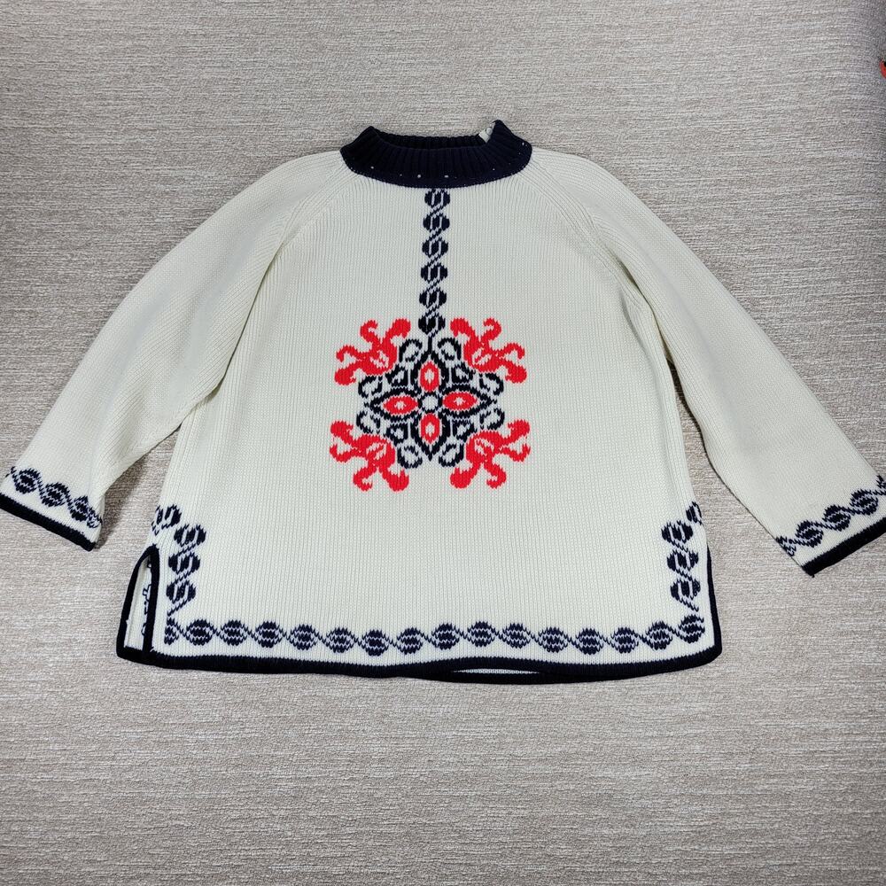 Vintage Nordic Knit Sweater Cream Red Navy Mock Neck Acrylic Wool Blend @L/XL
